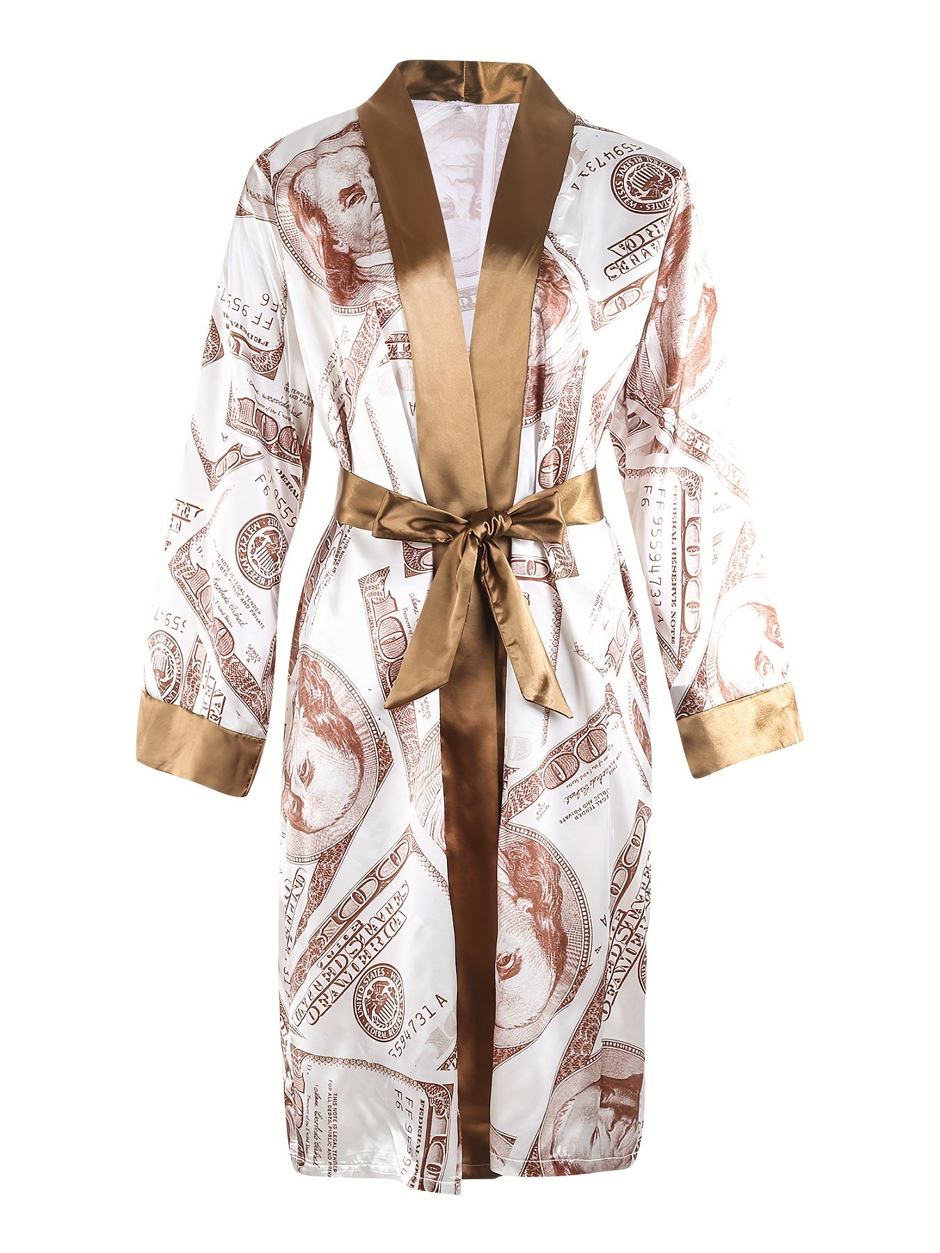 Women's Luxe Satin Robe with Golden Trim & Dollar Print - Long Sleeve V-Neck Kimono Bathrobe Sleepwear with Belt, Soft Polyester Fabric, Machine Washable, Ladies Bathrobe